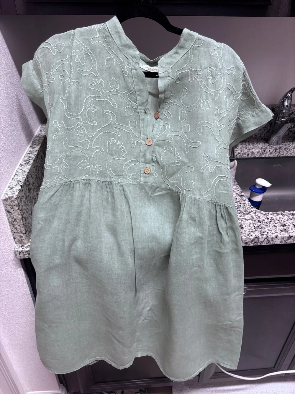 Girls' Sage Green Embroidered Casual Dress - Lightweight Button Front